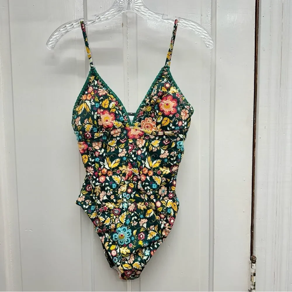 NWOT LOFT beach dark‎ teal bright floral 1 one piece swimsuit women's 6